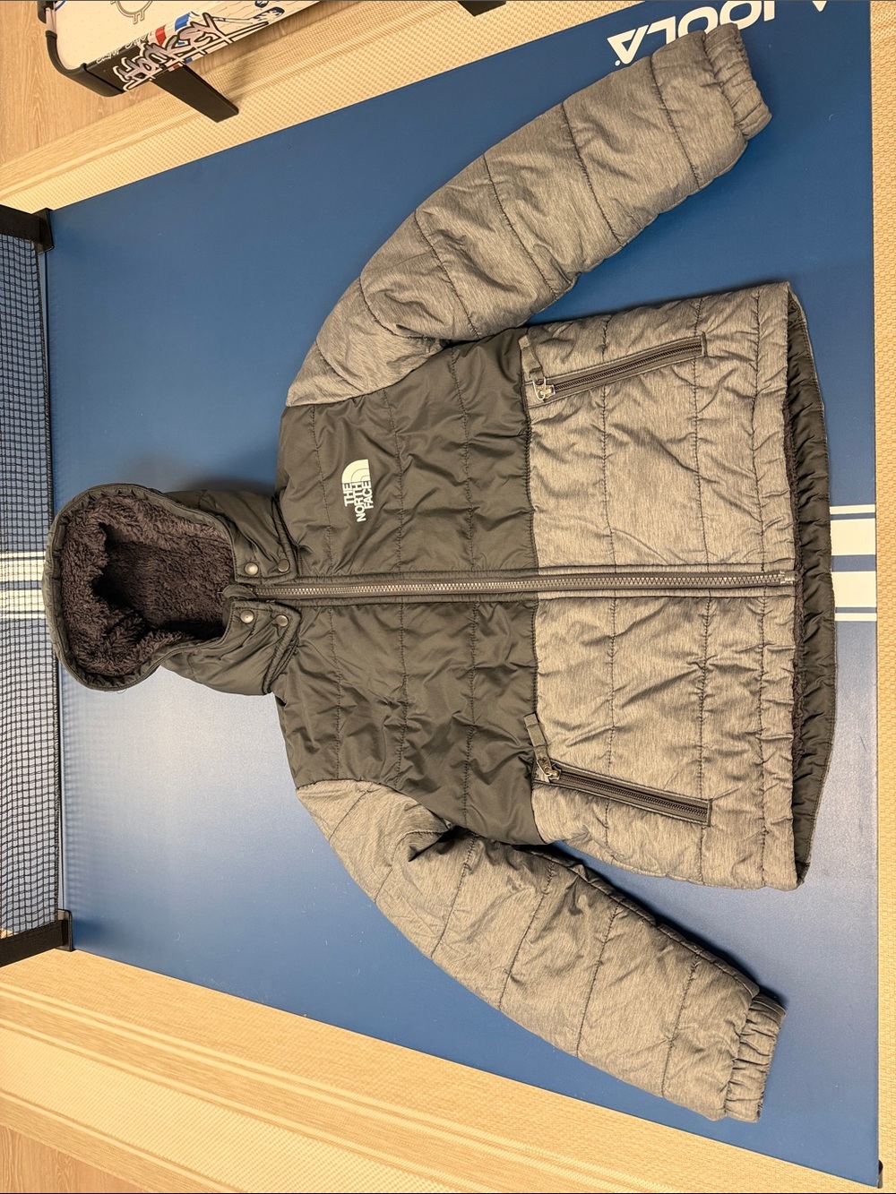 The North Face Kids Black and Gray Quilted Hooded Puffer Jacket REVERSIBLE